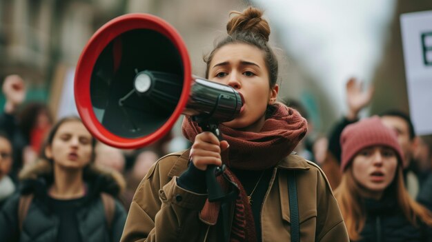 Фото Молодая активистка возглавляет протест с мегафоном