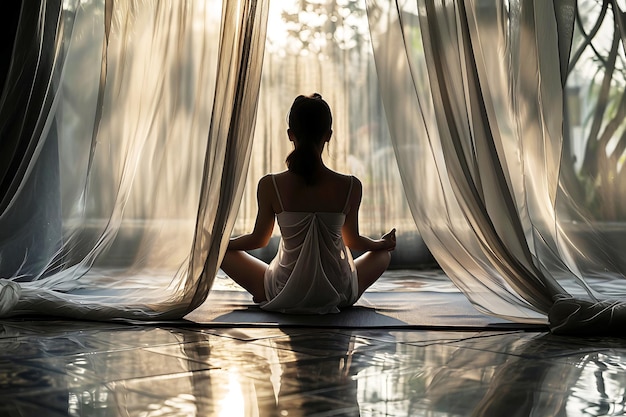 Foto giovane donna adulta in posa da yoga da sola