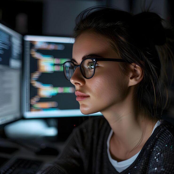 Photo young female ai engineer coding on computer in modern office for innovative big data blockchain project concept ai engineering coding computer programming innovation blockchain technology