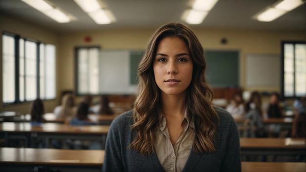 young female american school teacher stand at classroom