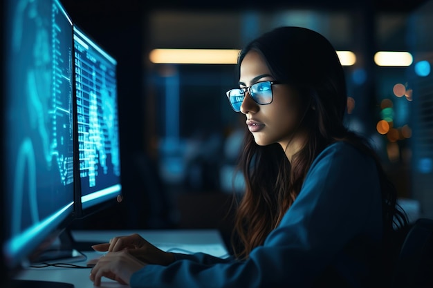 技術オフィスでコンピューターに取り組む若い女性の人工知能エンジニア 革新的なビッグデータ ブロックチェーン プロジェクトのソフトウェア コードを書く若いインド人専門家 生成 AI