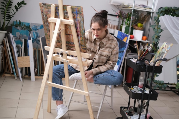 Young female artist paints a picture with oil on canvas in art studio