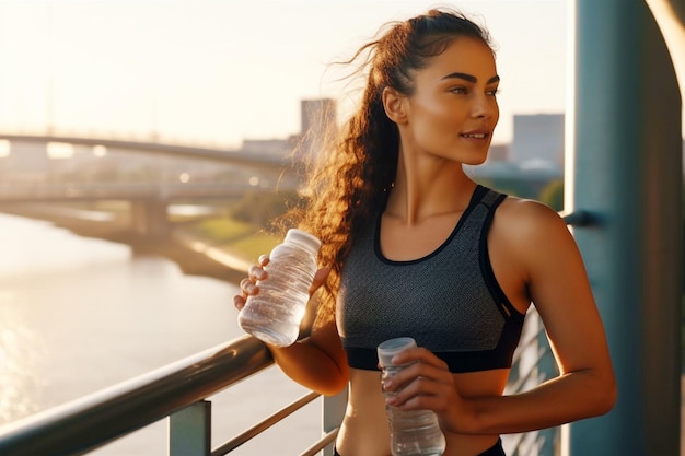 フィットネスやランニングの後若い女性アスリートがボトルから水を飲みます