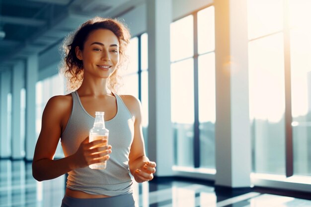 A young female athlete drinks water from a bottle after fitness or running