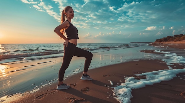 海辺で屋外トレーニングをする前に筋肉を温めるために足を伸ばしている若い女性アスリート