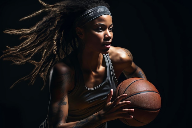 Молодая спортсменка с волосами афро играет в баскетбол на черном фоне