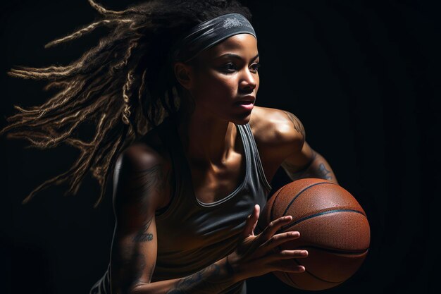 写真 黒い背景にバスケットボールをするアフロの髪型を持つ若い女性アスリート