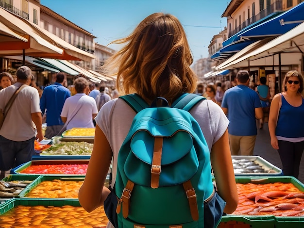 A young female backpacker in a busy market