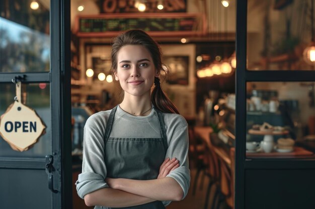 カフェの前で立っている若い女性バリスタ開いたサインを掲げて腕を交わすジェネレーティブAI