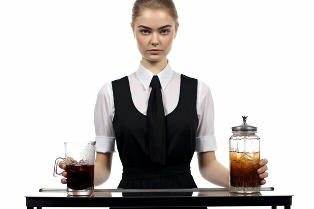 Young female barista on white background