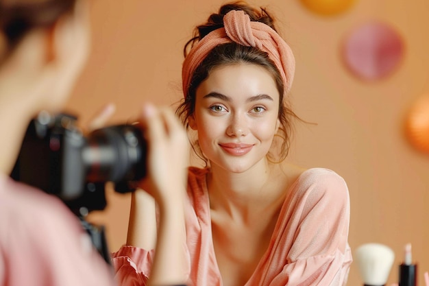 Молодая блогерка красоты делает видеоконтент для своего блога