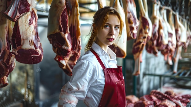 Foto una giovane macellaia in camicia bianca e grembiule rosso si trova con fiducia in un negozio di carne.