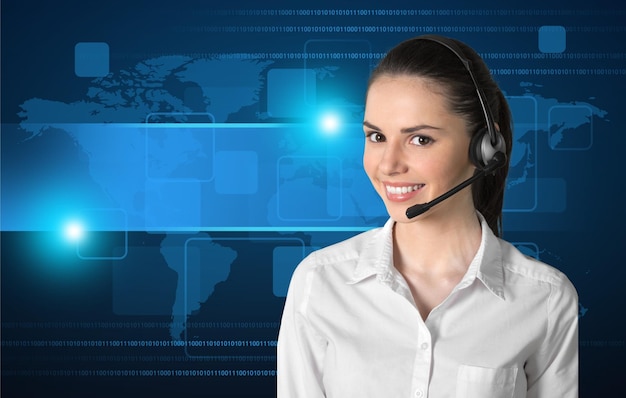 Young female call center employee on technoligy global map background