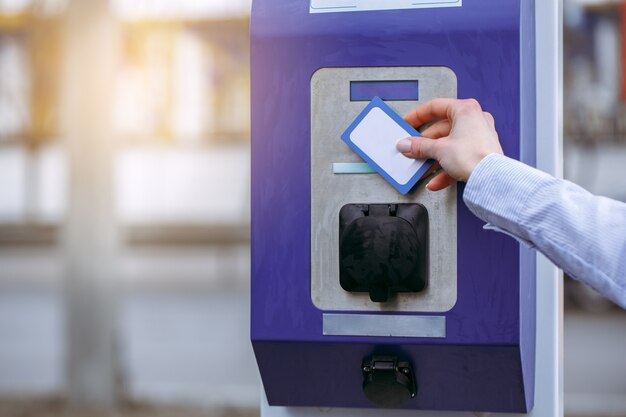 Young female card payment system for fuel