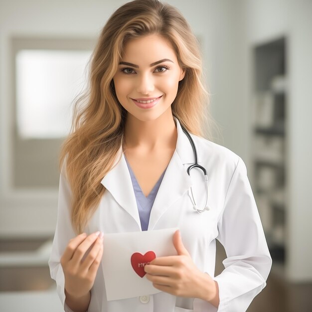 Foto giovane cardiologa con uno stetoscopio che tiene in mano un cuore rosso concetto di cura del cuore e salute