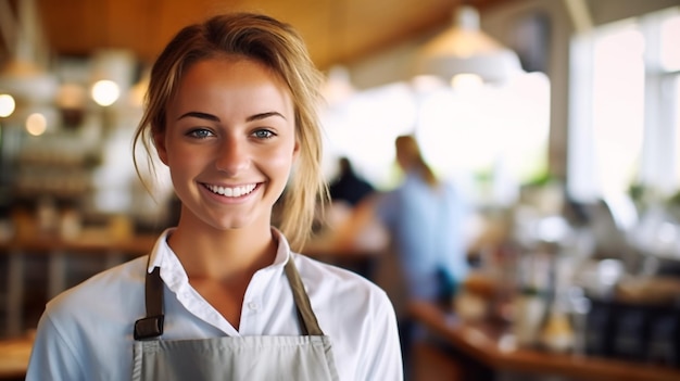 Young female chef holding ladle in the kitchen