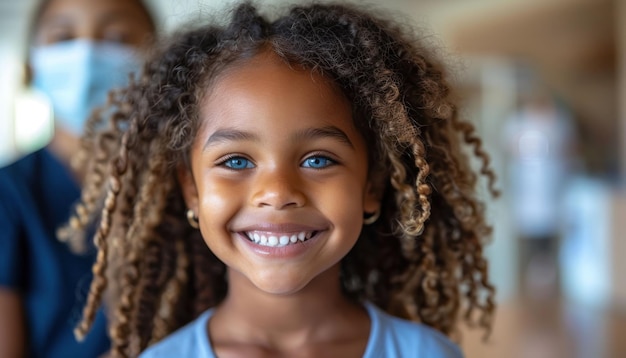 Young female child smiling while wearing protective face mask