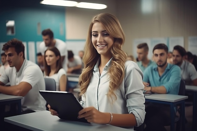 A young female classmates in the classroom uses an online education tablet