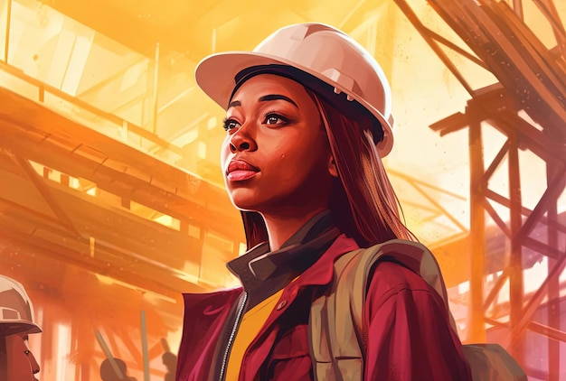 young female construction worker standing in the site in the style of culturally diverse elements