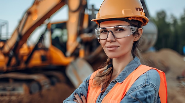 A young female construction worker wearing a hard hat