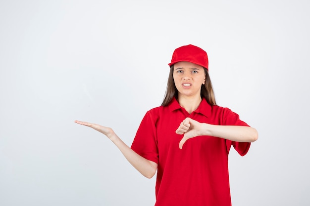 Giovane corriere femminile in uniforme rossa che dà i pollici verso il basso.