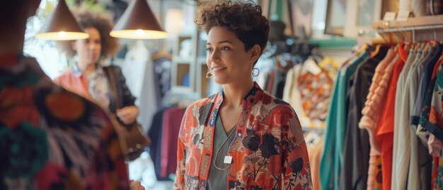 Photo the young female customer in the clothing store receives advice from a retail sales associate different people in fashion shops choose stylish clothes from a colorful brand with sustainable designs