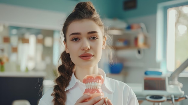 Young female dentist holding tooth model