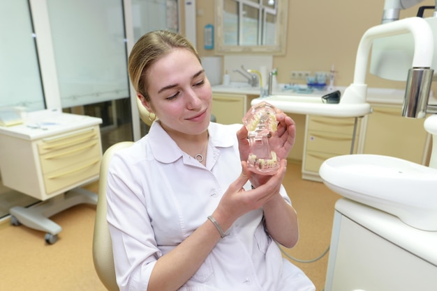 写真 彼女の手に人工顎を持つ若い女性歯科医