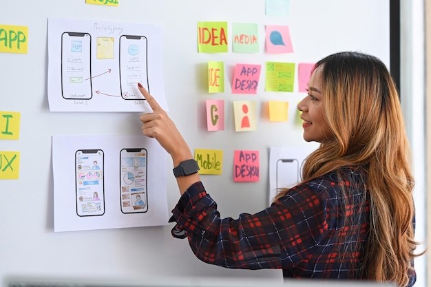 Молодая женщина-дизайнер планирует разработку прототипа мобильного приложения на доске