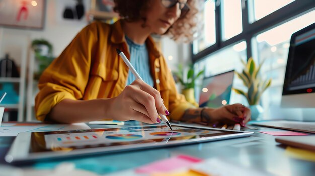 写真 タブレットとラップトップを使ってプロジェクトに取り組んでいる若い女性デザイナー彼女は黄色いジャケットを着ておりひげの毛があります