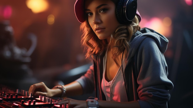 ミキサーを使用してナイトクラブジェネレーティブ AI で DJ する若い女性 dj