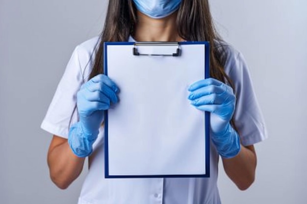 Young Female Doctor in Blue Gloves Holds Empty
