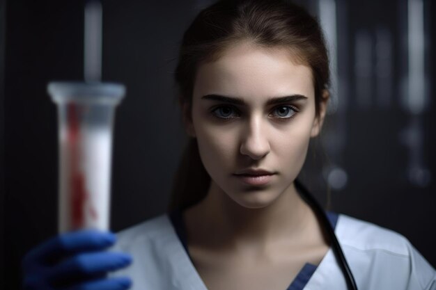 A young female doctor holding a blood sample in a test tube created with generative ai