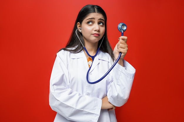 young female doctor holding stethoscope on red background indian pakistani model