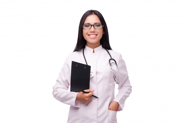 흰색 절연 의료 개념에 젊은 여성 의사