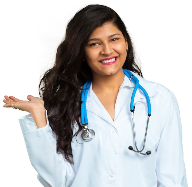 Young female doctor medical professional in hospital isolated on white background