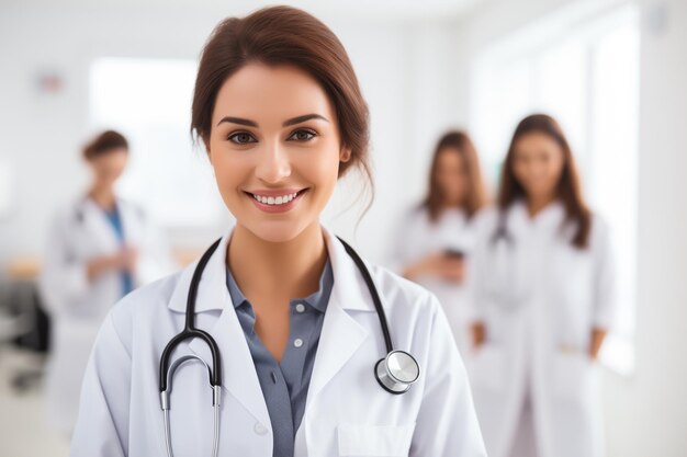 Young female doctor on modern clinic background