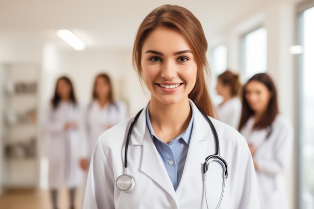 Foto giovane dottoressa con un background di clinica moderna