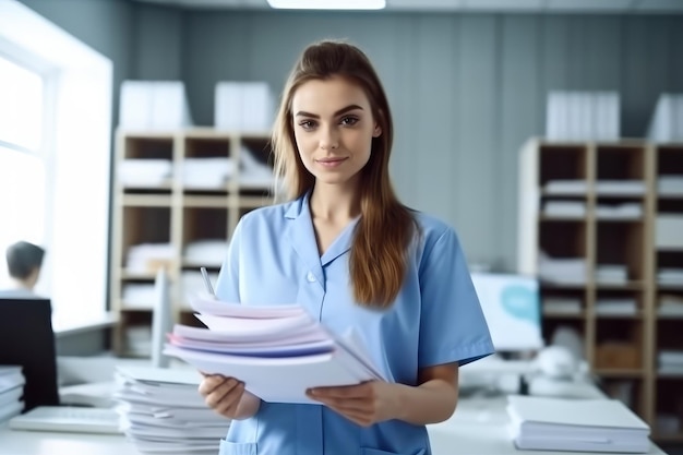 Young female doctor or nurse standing in the office and holding a stack of documents