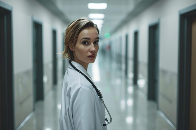 Young female doctor posing in the corridor of the hospital