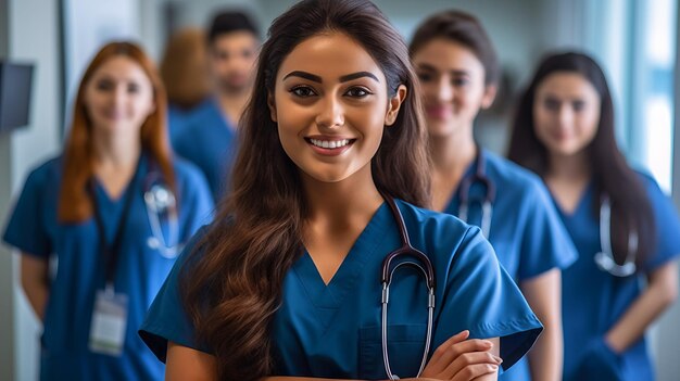 Young female doctor smiling while standing in a hospital corridor with a diverse group of staff