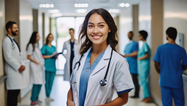 スタッフの多様なグループと一緒に病院の廊下に立っている若い女性医師が微笑んでいる