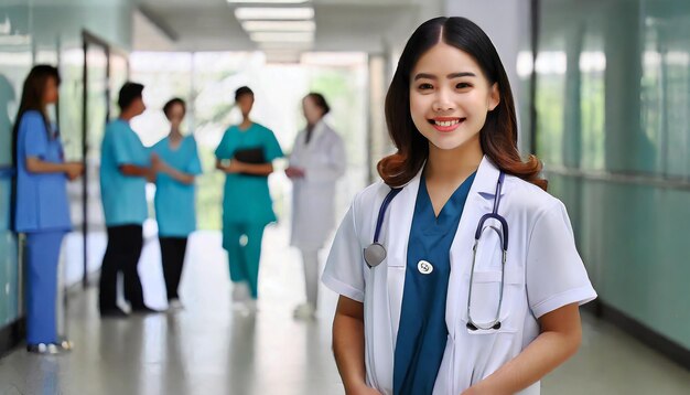 Photo young female doctor smiling while standing in a hospital corridor with a diverse group of staff