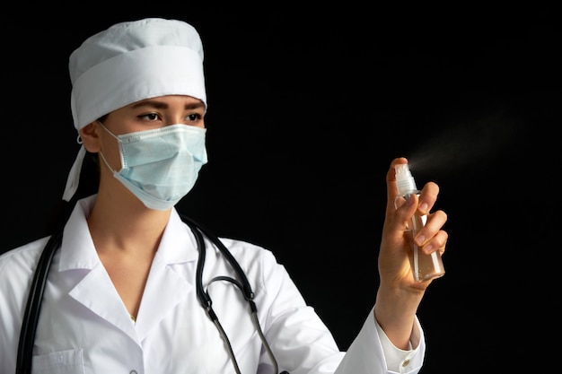 Young female doctor using spray antiseptic spray over black wall with copy space