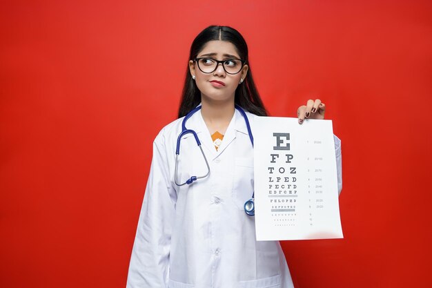 young female doctor wearing glasses holding paper on red background indian pakistani model