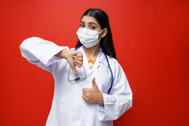 young female doctor wearing mask, coat and stethoscope around neck indian pakistani model