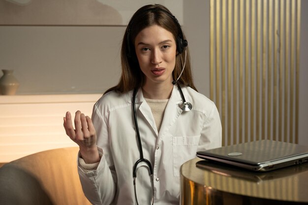 Foto una giovane medico donna che indossa un cappotto bianco e uno stetoscopio è seduto alla sua scrivania impegnato in un