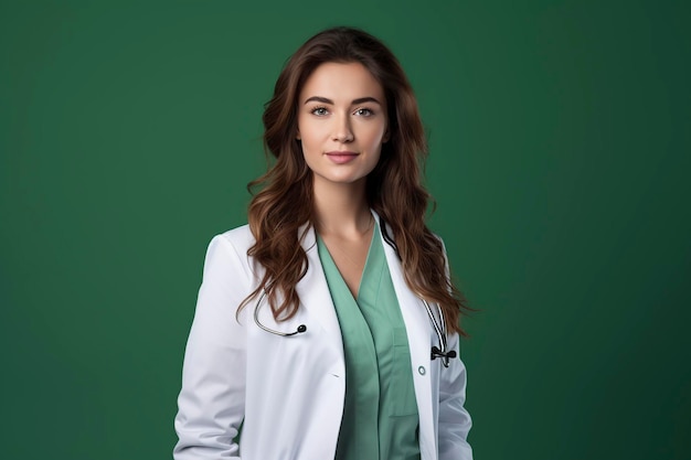 young female doctor in a white coat on a green background