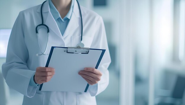 Young female doctor with file folder in hands on white modern cl