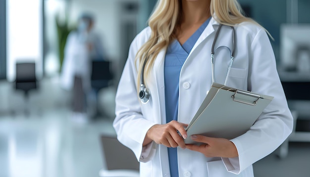 Young female doctor with file folder in hands on white modern cl